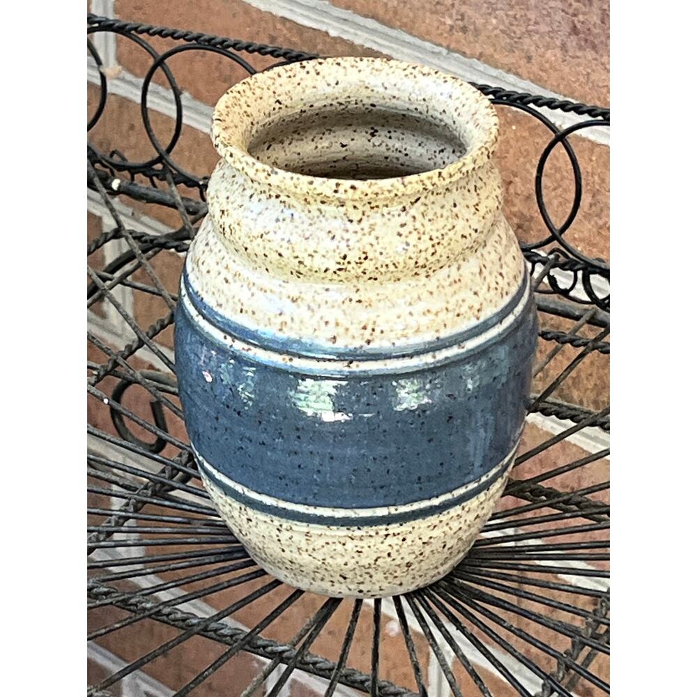 Potter's Mark Vase Stoneware Blue Striped Speckled 1988